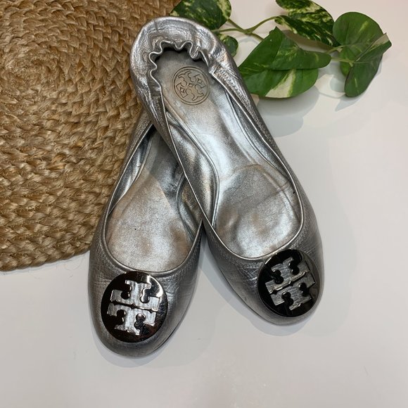 Tory Burch Shoes - Tory Burch Reva Silver Metallic Flats Size 7.5